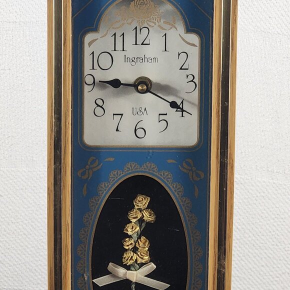 Ingraham USA Vintage Blue Gold Rose Etched Glass Quartz Analog Mantle Wall Clock - Picture 2 of 16